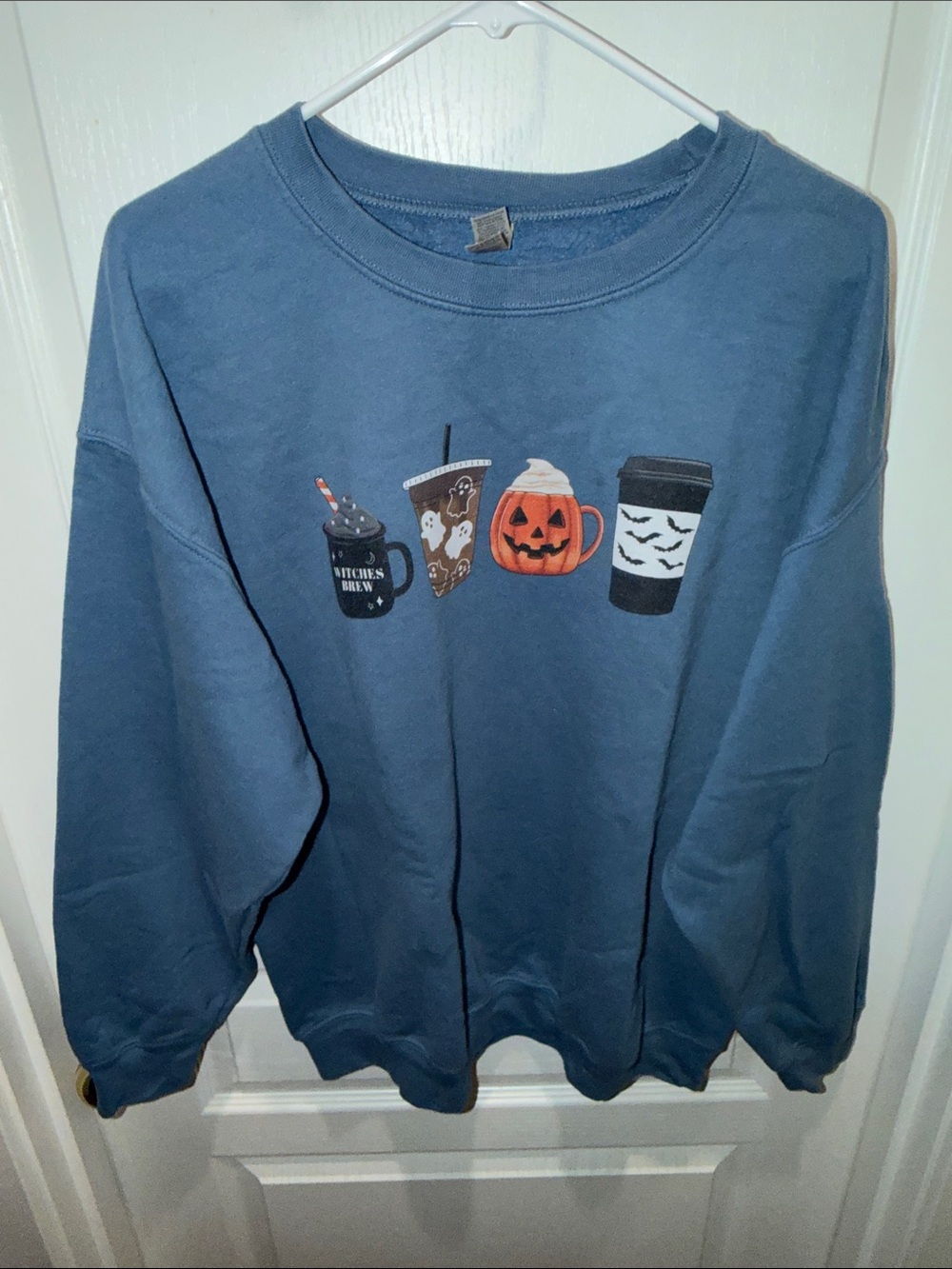 Gildan Blue Crewneck Sweatshirt with Halloween Drink Graphics - Picture 8 of 10
